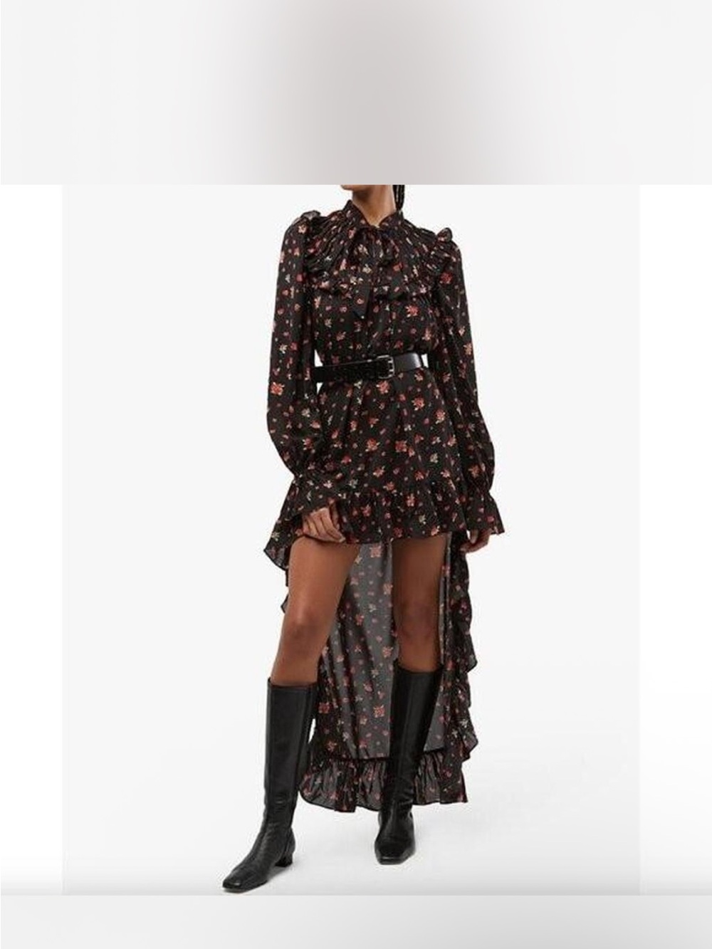 WeWoreWhat Black Floral High-Low Tie-Neck Dress
